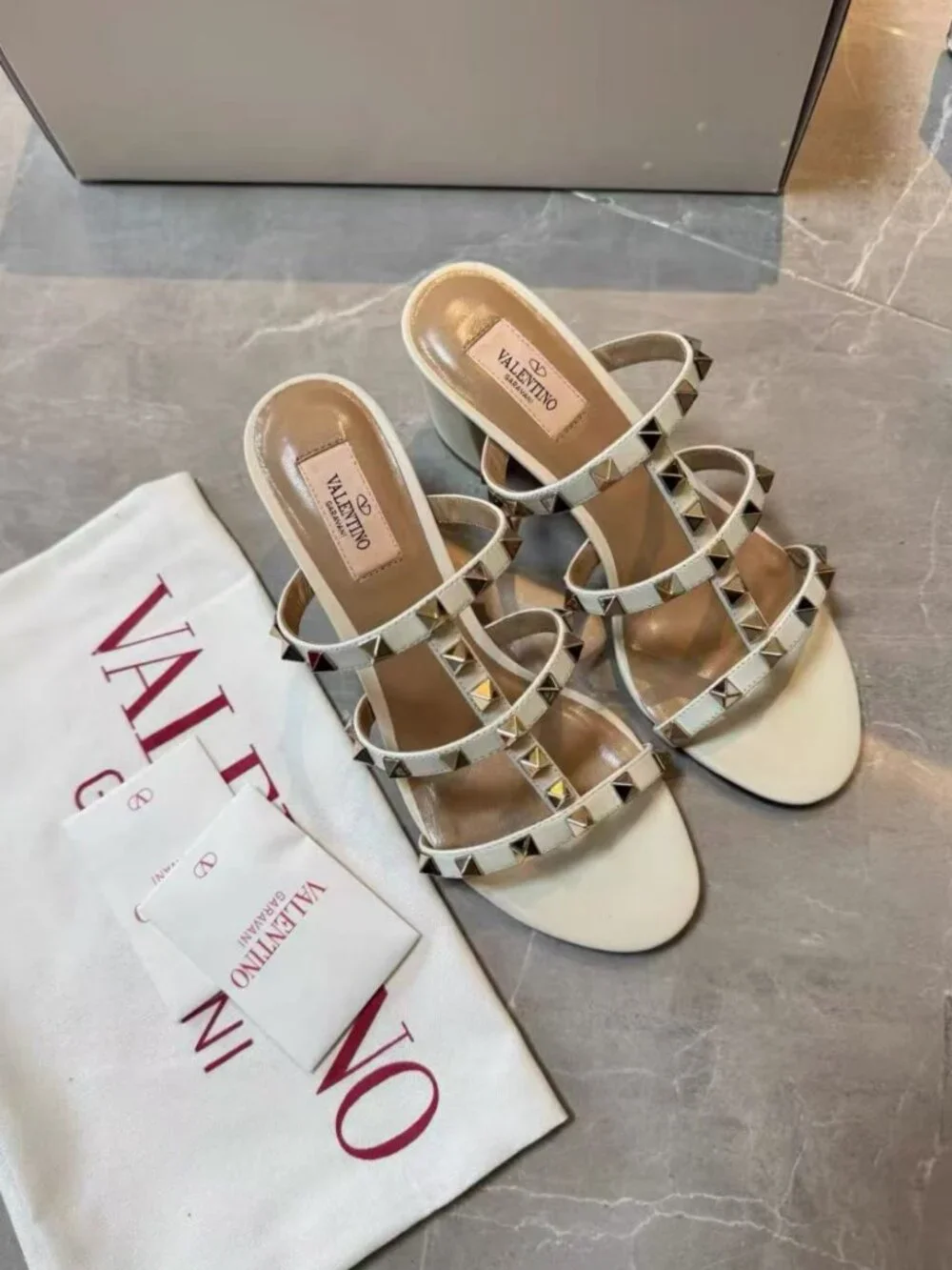 Valentino Open‑Toe Rock‑Stud Strappy White Leather Chunky‑Heel Mule Slides